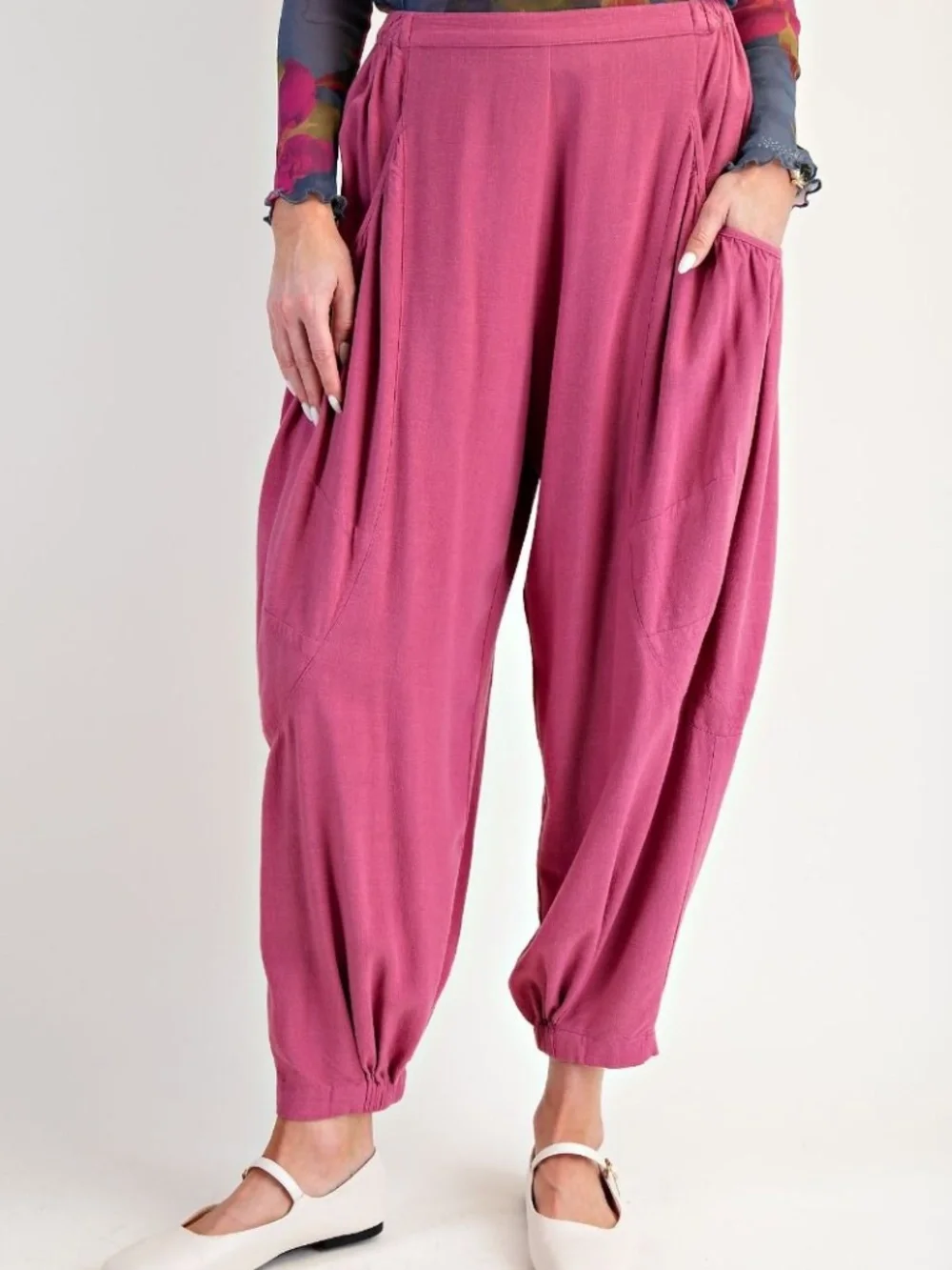 Easel Pink Stretchy waist Harem Ruched Linen Pants - Picture 6 of 7